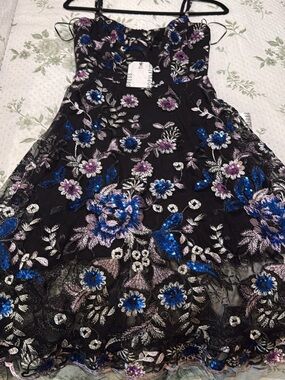 Dress the Population Black Floral Sequin Asymmetrical Dress